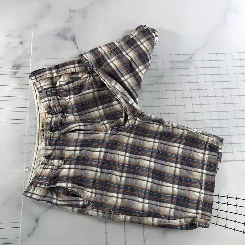 American Eagle Shorts Mens 30 Blue Orange White Plaid Longer Length - Picture 3 of 10